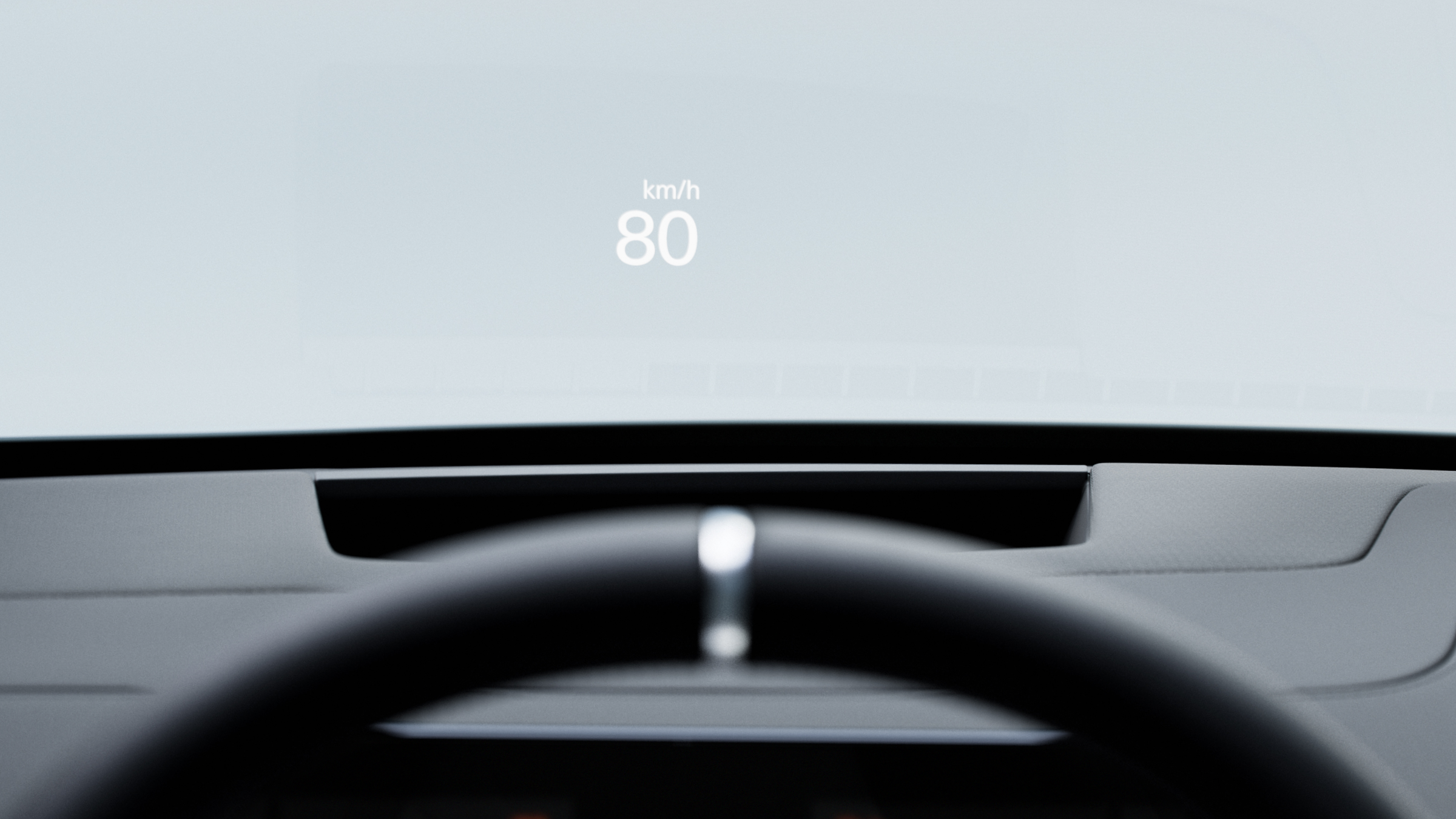 Polestar 4 SUV’s Heads up Display with the car’s moving speed on driver's side of the windshield.