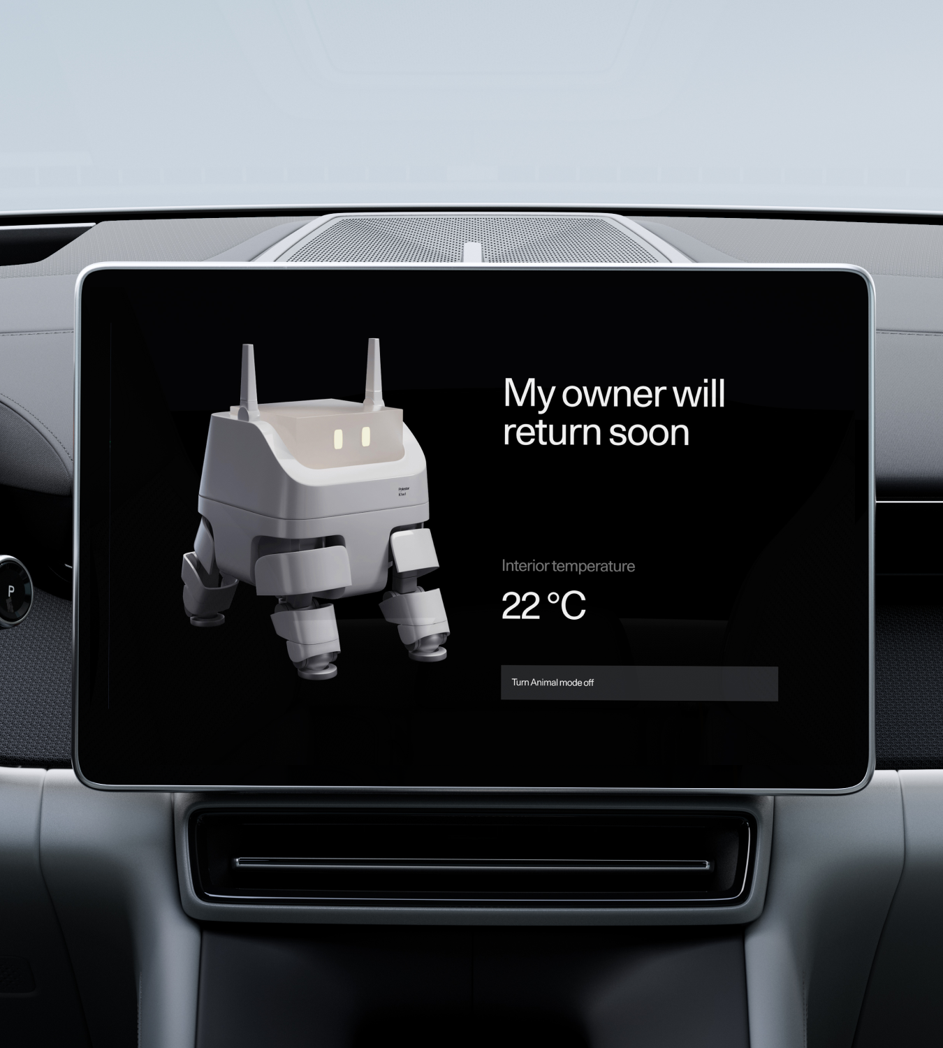 Polestar 4 SUV’s centre display showing the animal mode screen with current interior temperature.