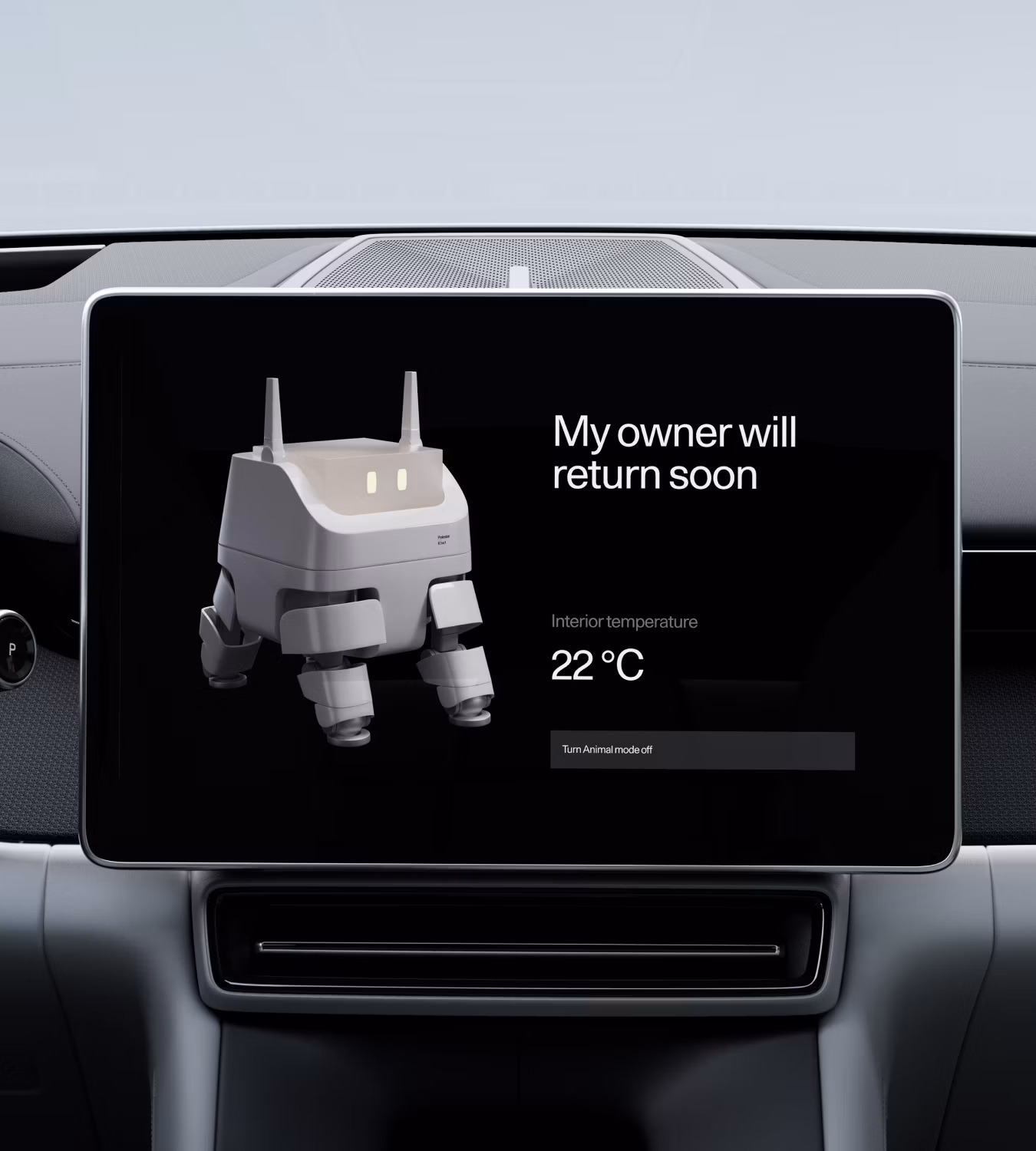 Polestar 4 SUV’s centre display showing the animal mode screen with current interior temperature.