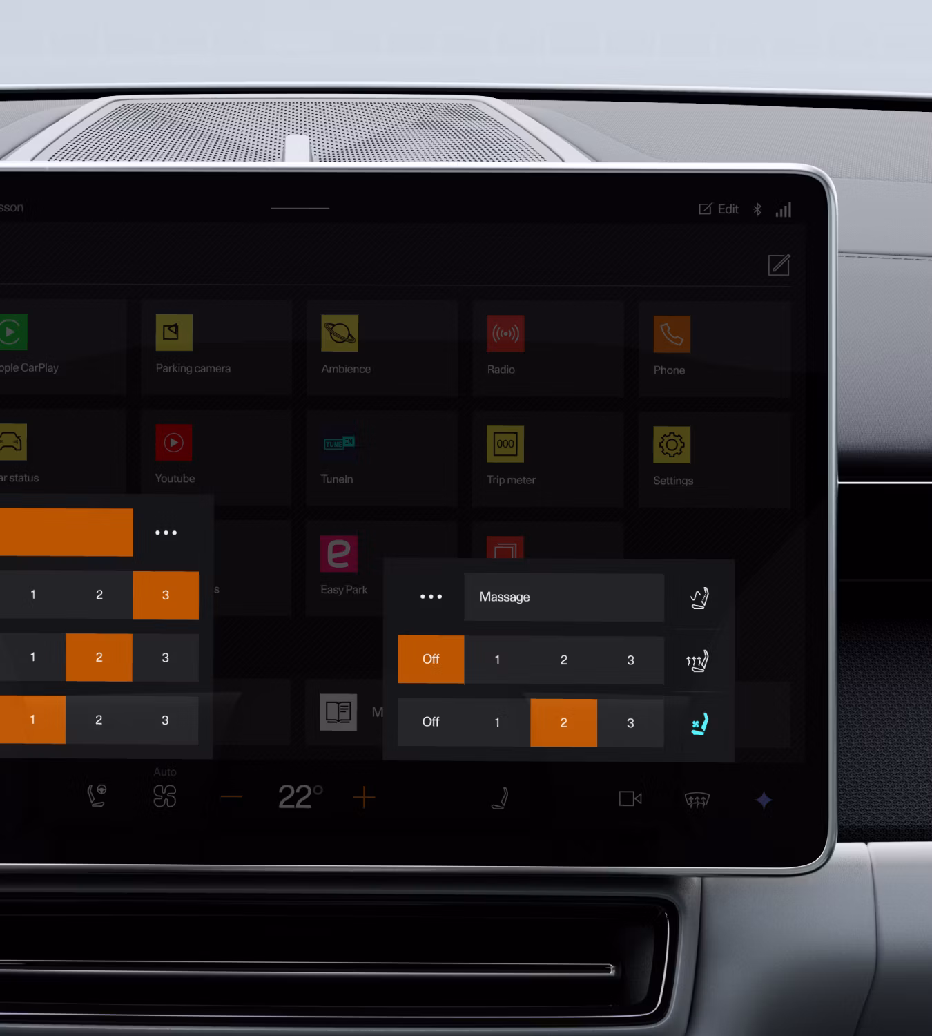Polestar 4 SUV’s ventilation menu settings in the centre display for the front seat ventilation.