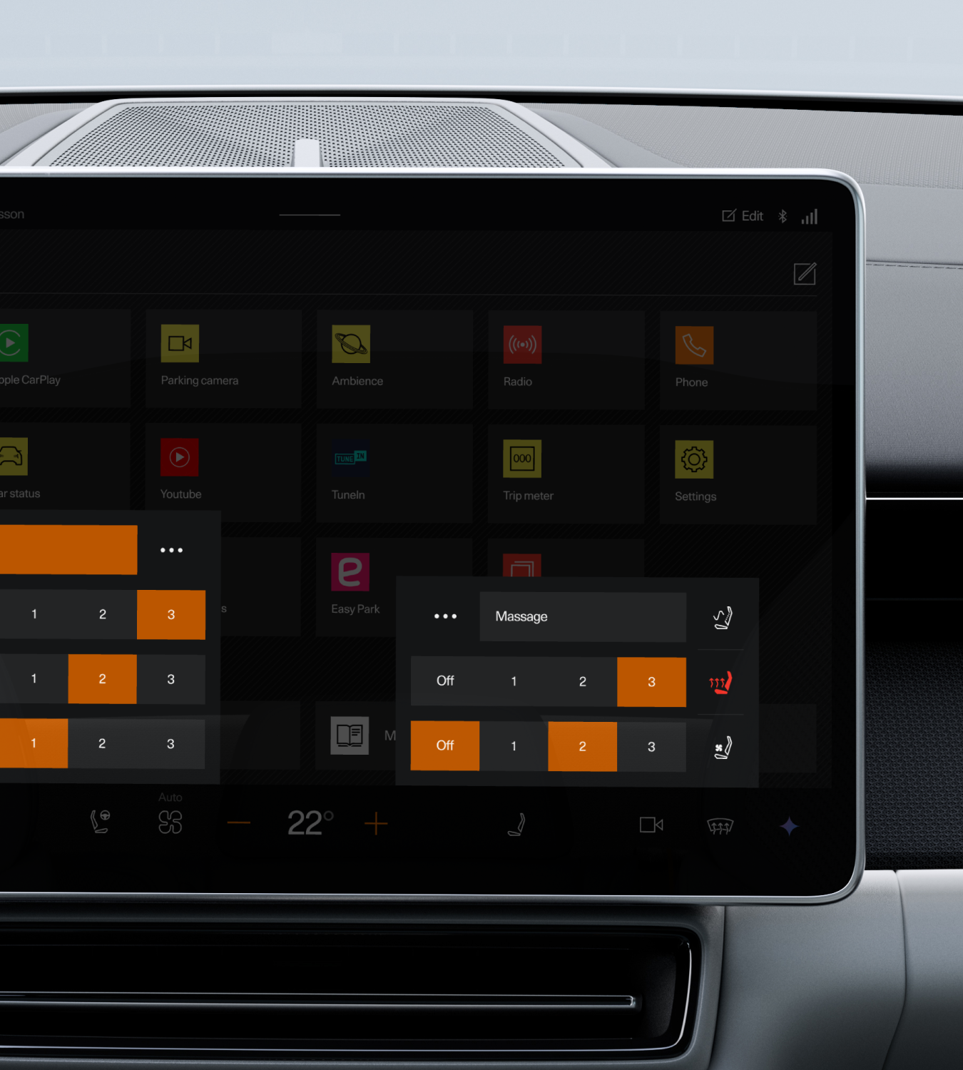 Polestar 4 SUV’s centre display showing the standard front seat heating functionality.