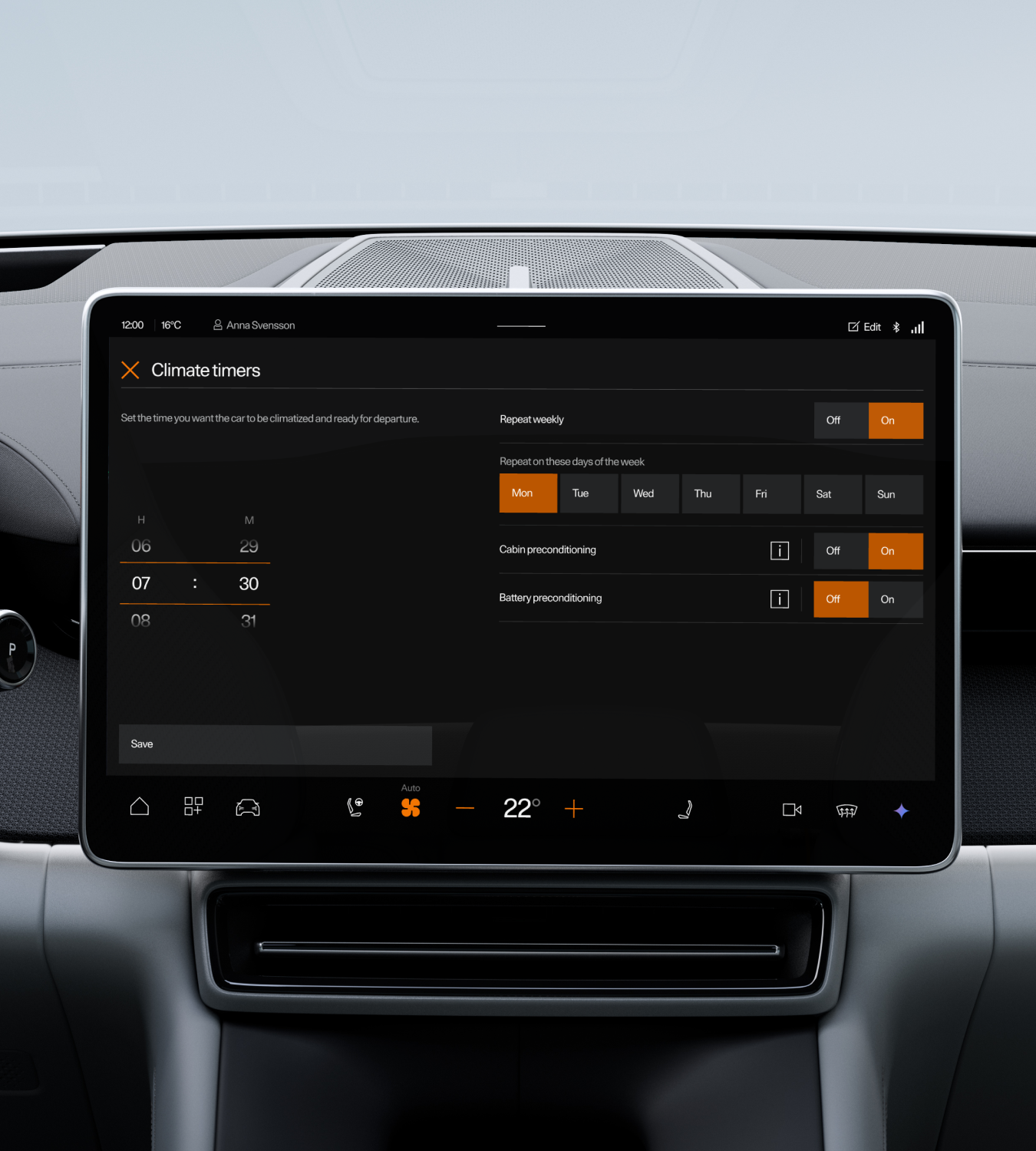 Polestar 4 SUV’s centre display screen showing the keep climate mode.