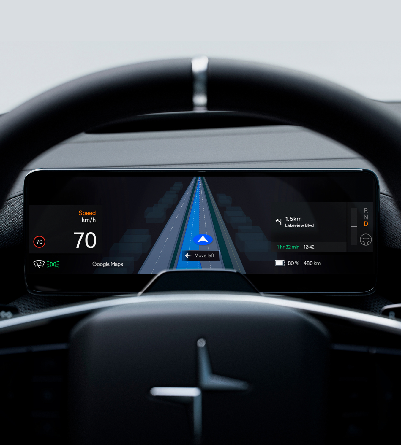 Polestar 4 SUV’s centre display showing Google Maps and a prevalent Google Assistant prompt.