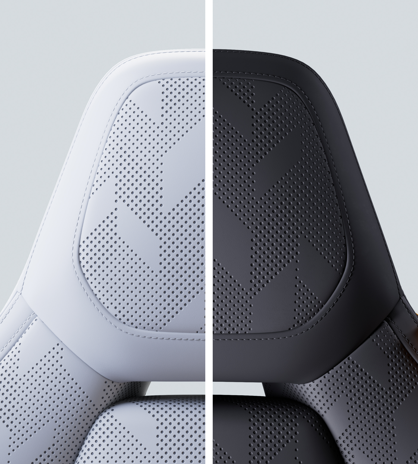 Polestar 4 SUV seat with Perforated Nappa leather upholstery in split view with Zinc and Charcoal.