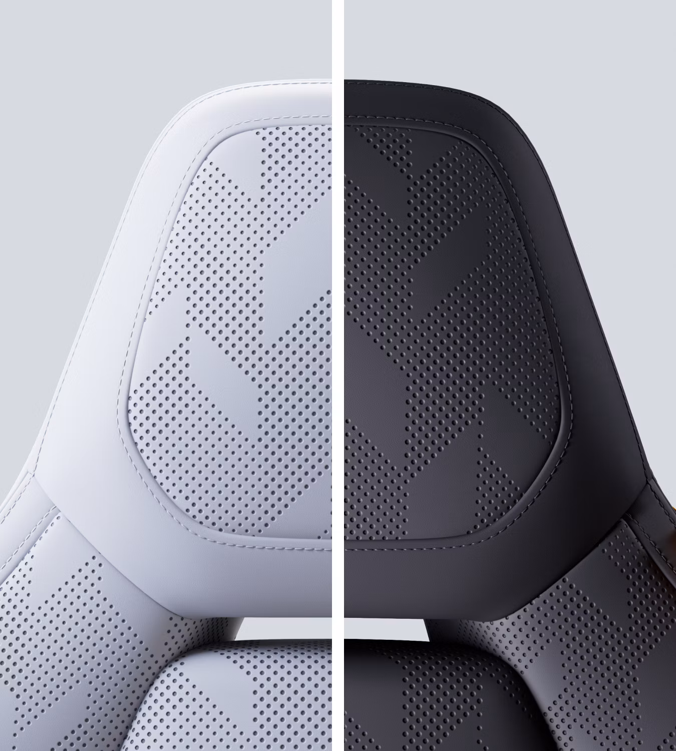 Polestar 4 SUV seat with Perforated Nappa leather upholstery in split view with Zinc and Charcoal.