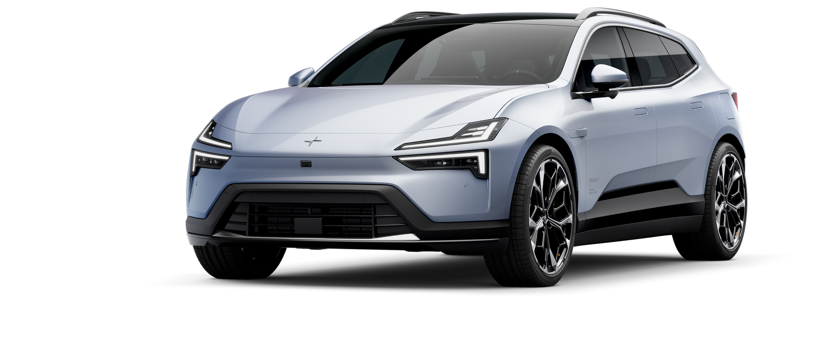 A front-angled view of a white Polestar 4 SUV standing against a white background.