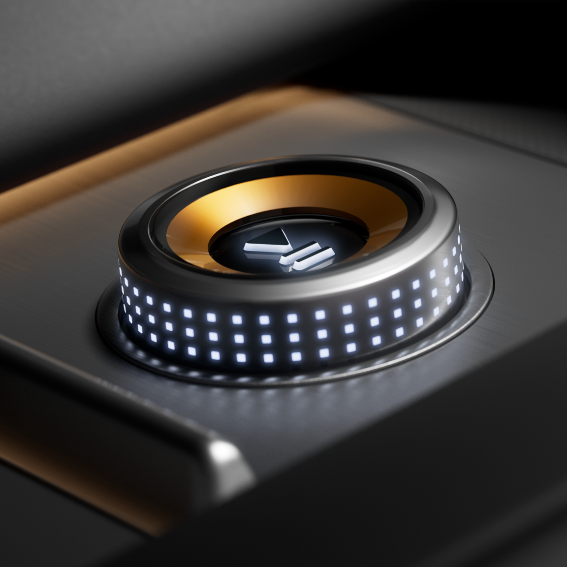 Polestar 4 SUV's rotary knob with pause and play symbols and Swedish gold coloured inner ring.