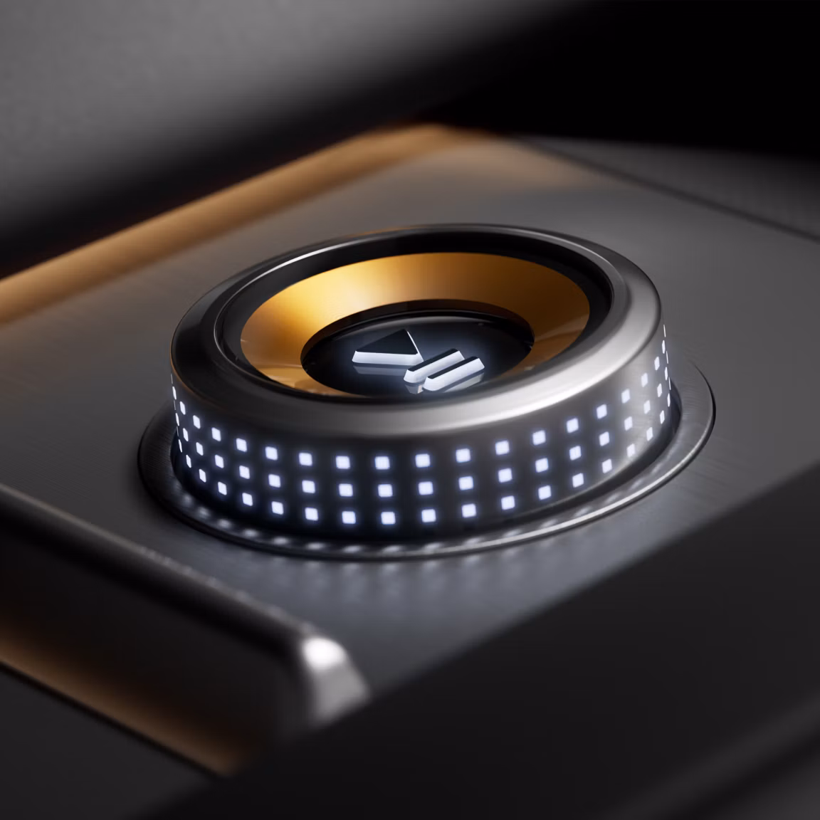 Polestar 4 SUV's rotary knob with pause and play symbols and Swedish gold coloured inner ring.