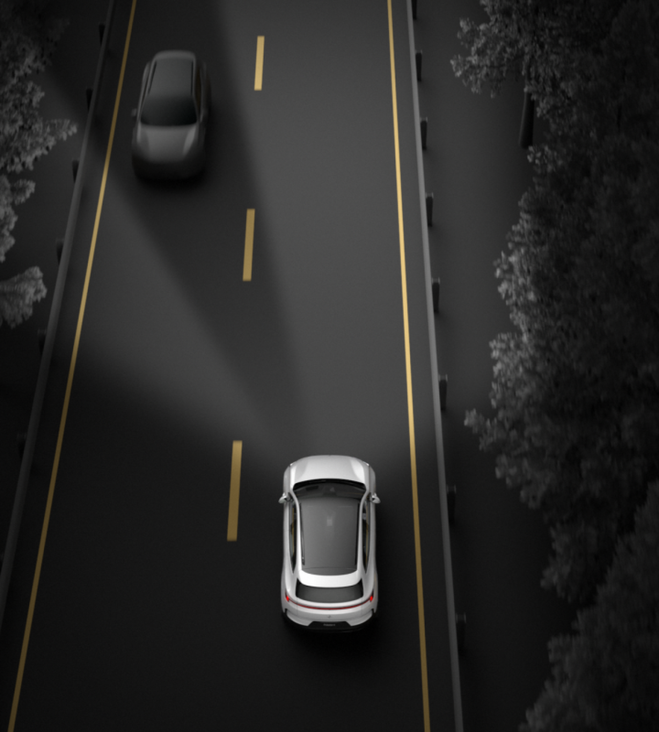 Polestar 4 SUV headlight sustaining light while shading out oncoming individual vehicles.