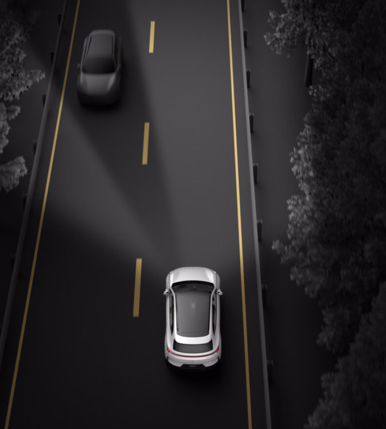 Polestar 4 SUV headlight sustaining light while shading out oncoming individual vehicles.