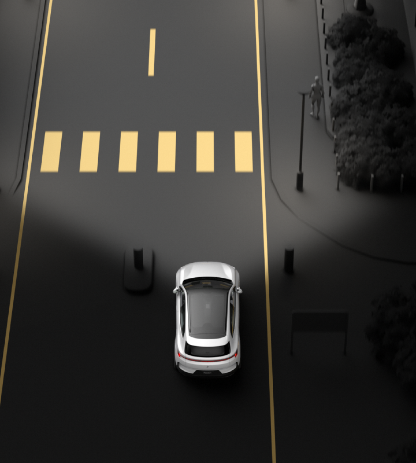 Polestar 4 SUV widening its forward headlight coverage as it enters a better lit area.