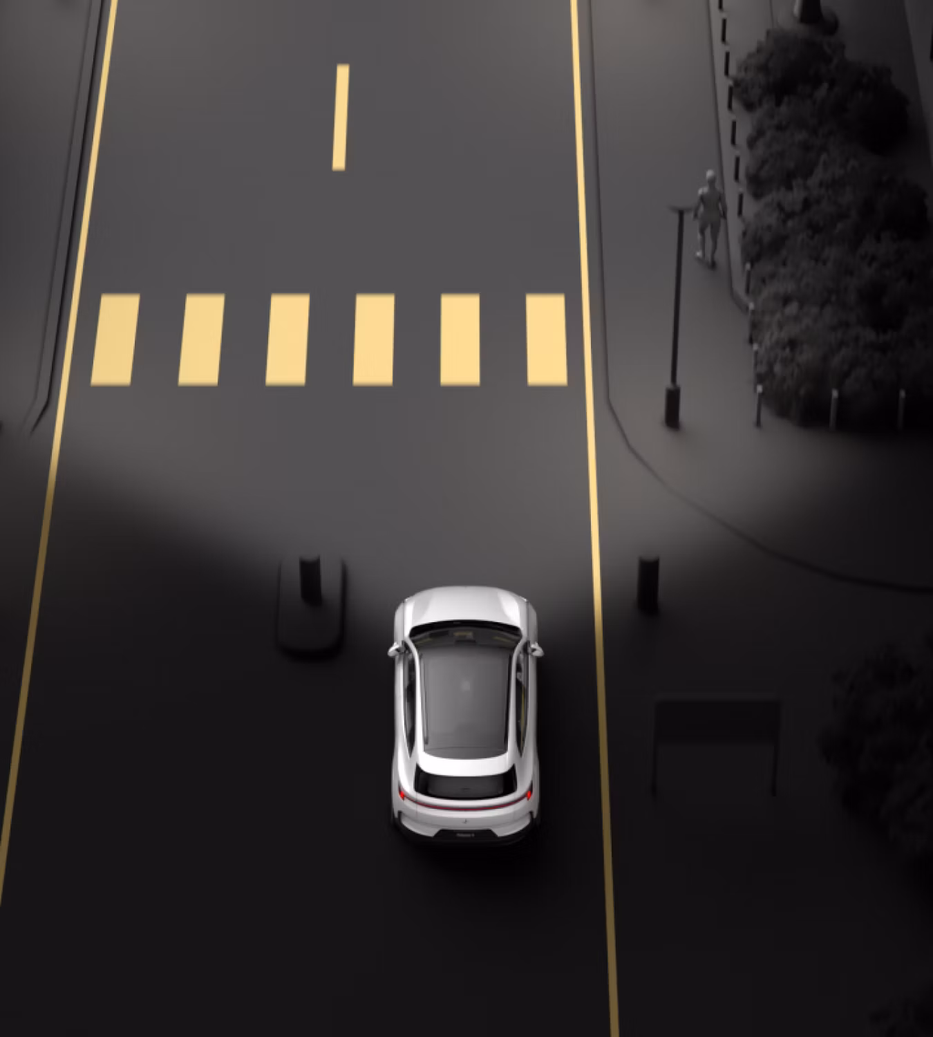 Polestar 4 SUV widening its forward headlight coverage as it enters a better lit area.