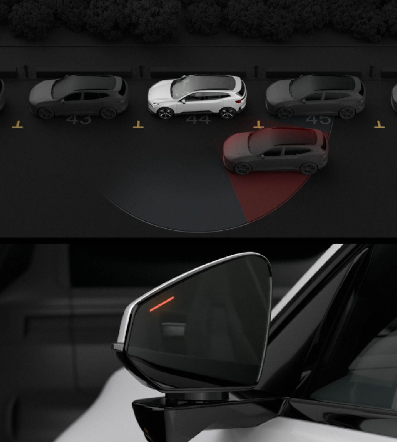 Polestar 4 SUV showing the warning LED on the side mirror closest to where a car is driving by.