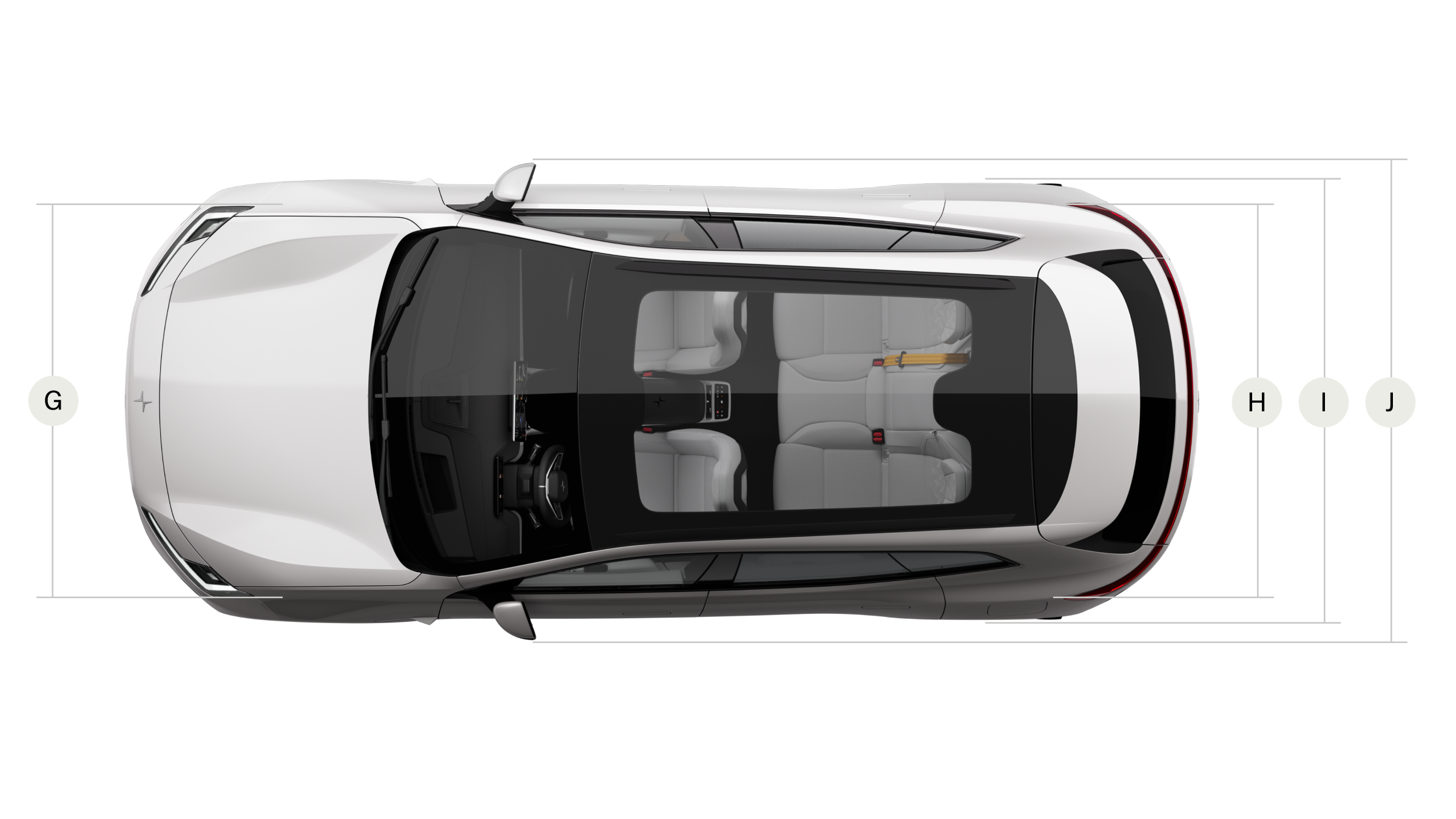 Bird’s eye view of Polestar 4 SUV with lines and letters related to its front and rear measurements.