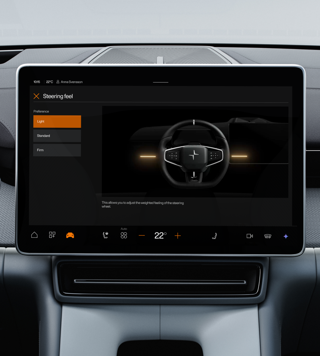 Polestar 4 SUV’s centre display showing the adjustable steering feedback options on the screen.