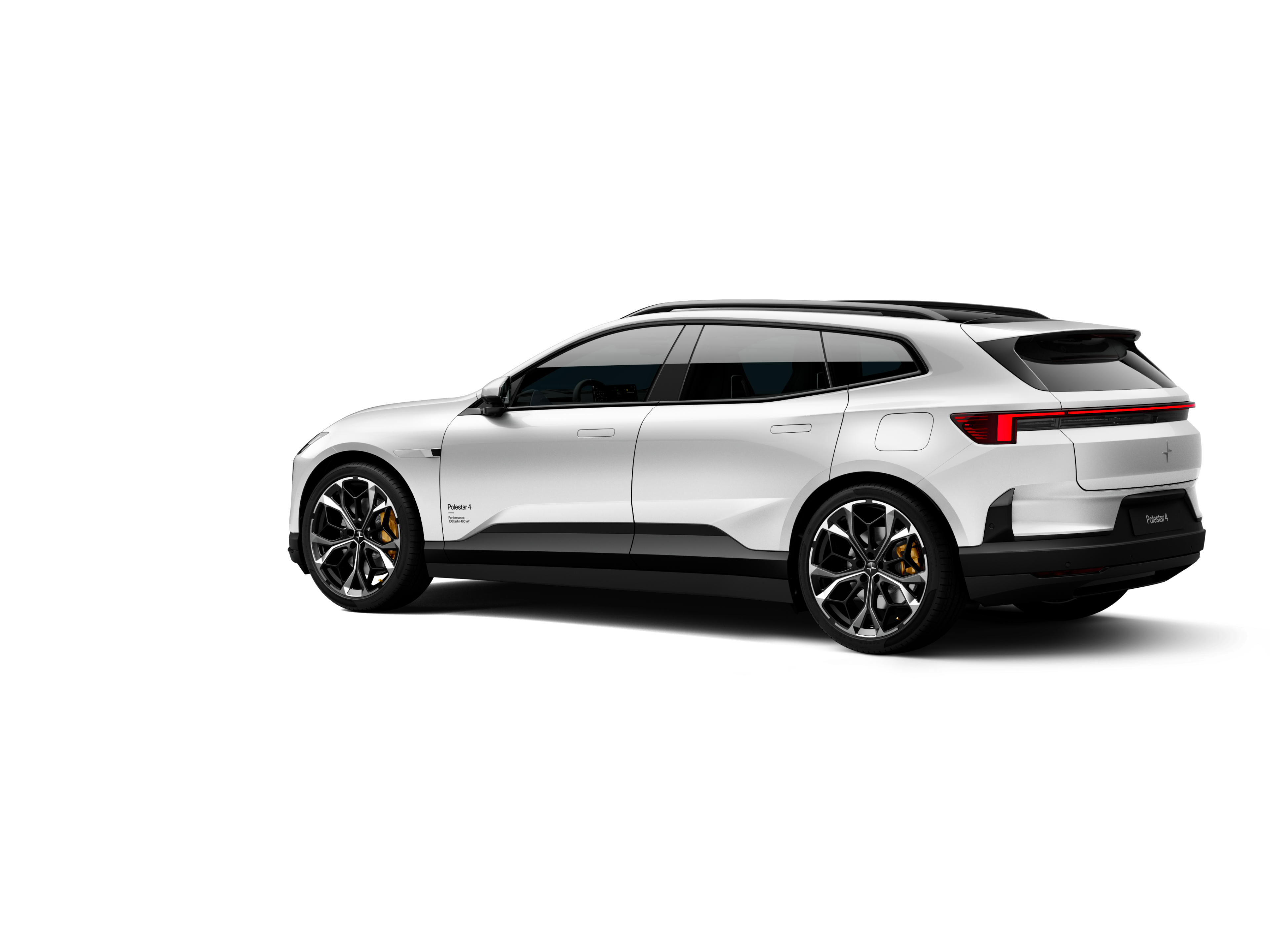 Polestar 4 SUV in color Snow in rear three-quarter view