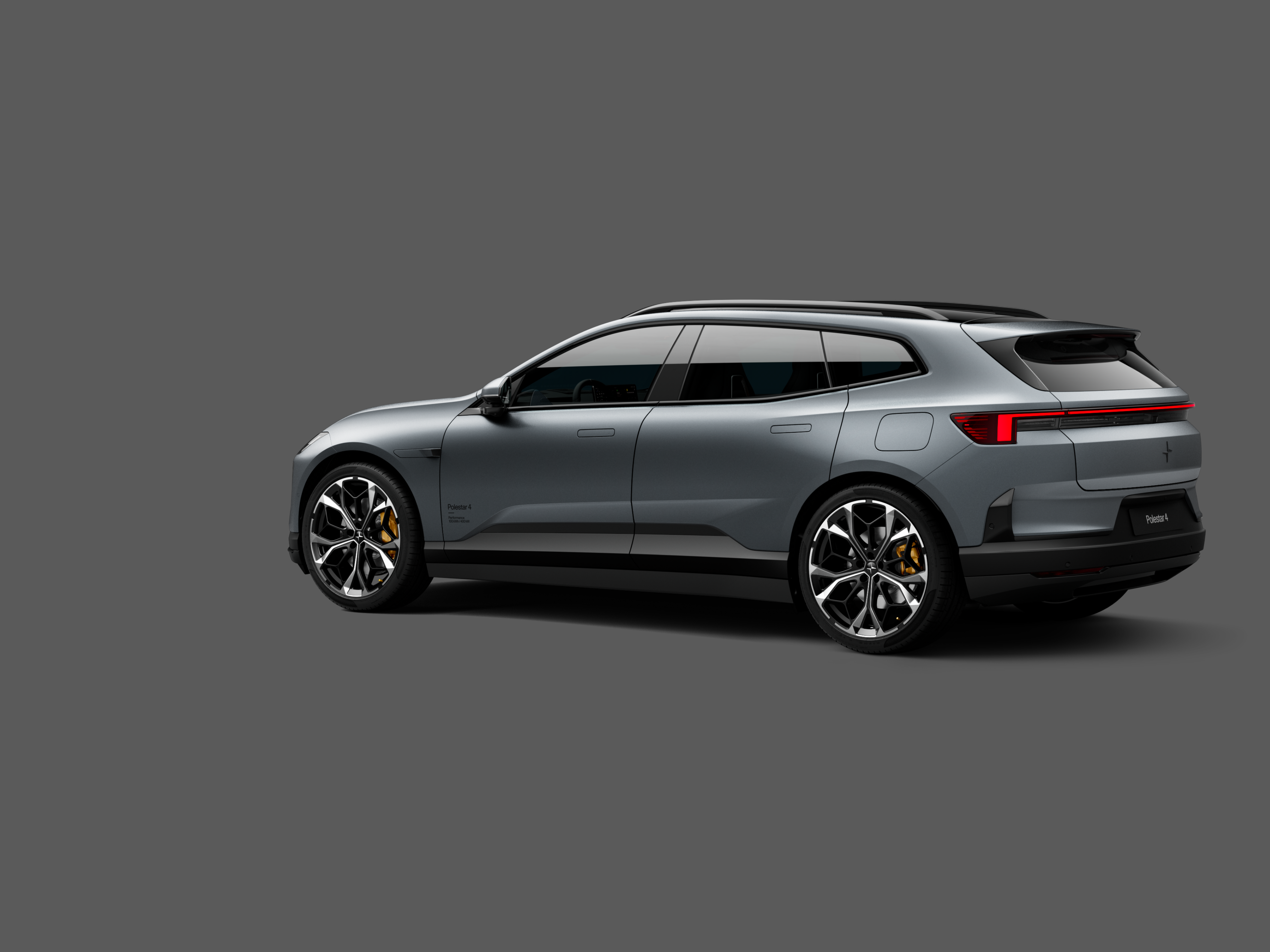 Polestar 4 SUV in color Stratus Matte in side rear view on a plain gray background