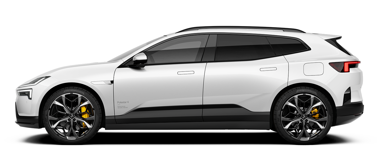 Side view of Polestar 4 SUV electric car in white color with black wheels and yellow brake calipers.
