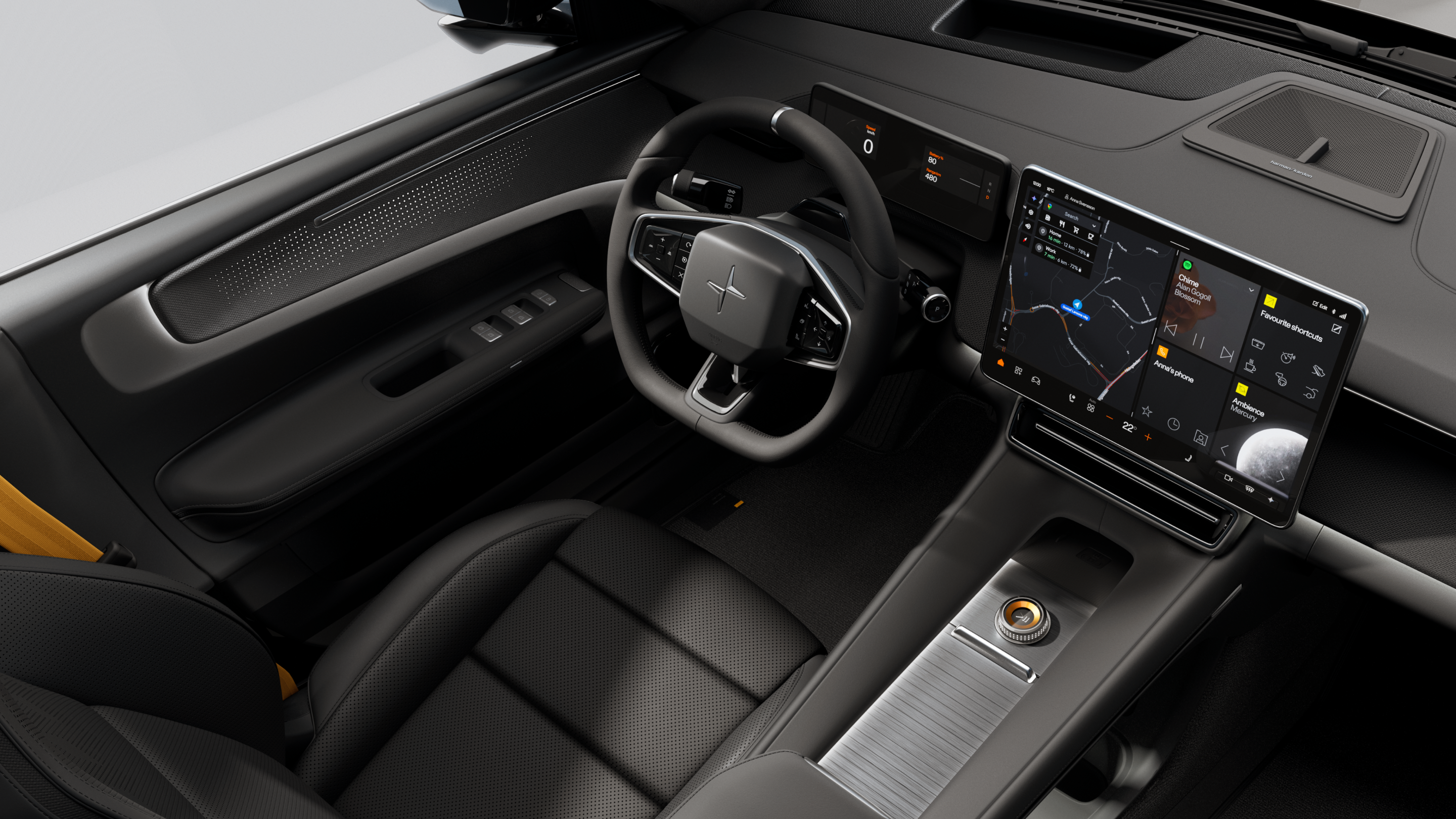 Polestar 4 SUV’s front area showing the steering wheel, dashboard, and centre display.